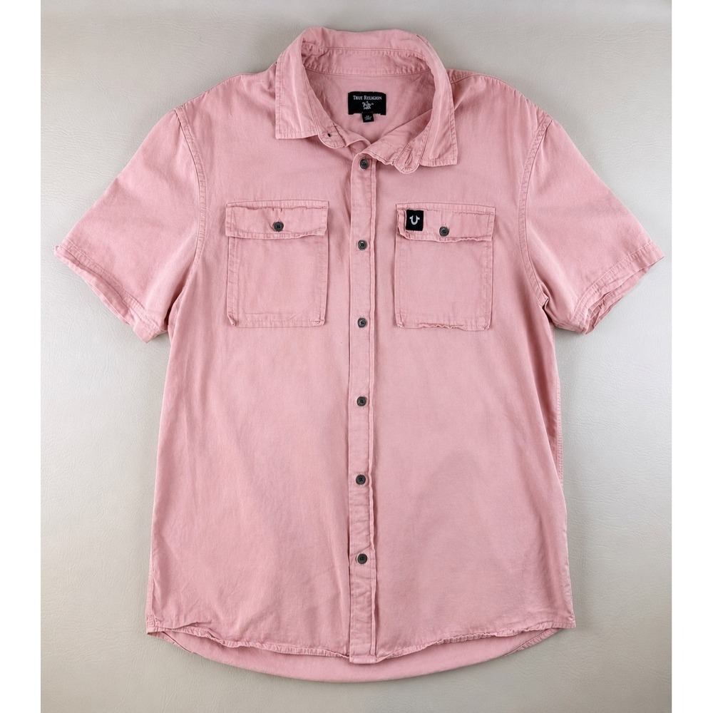 Streetwear Short Sleeve Button Down Shirt Pink Large True Religion